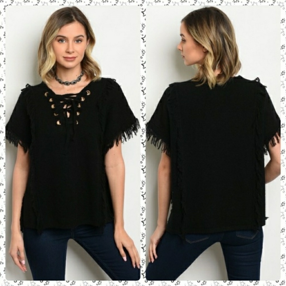 Black Fringe Lace-Up Sweater!